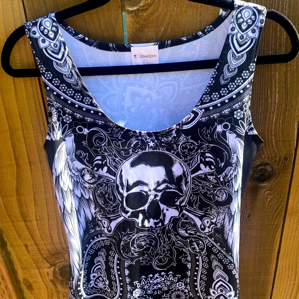 CowCow Womens Skull Angle Wings Paisley Graphic Skater Dress Motorcycle  Large